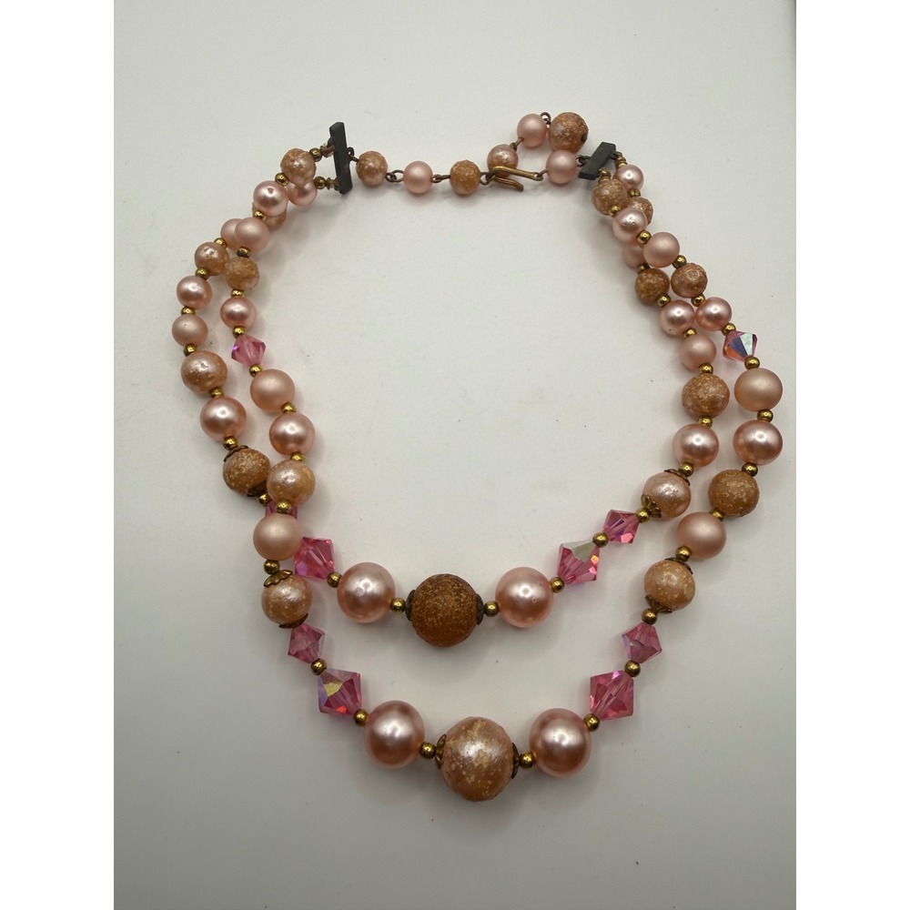 Vintage Pink Faux Pearl Double Strand Necklace Gold Tone Beaded Crystal 16 Inch
